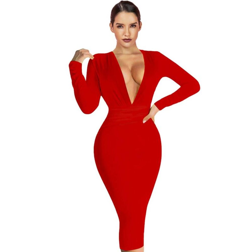 Elegant Red Plunge Neck Dress